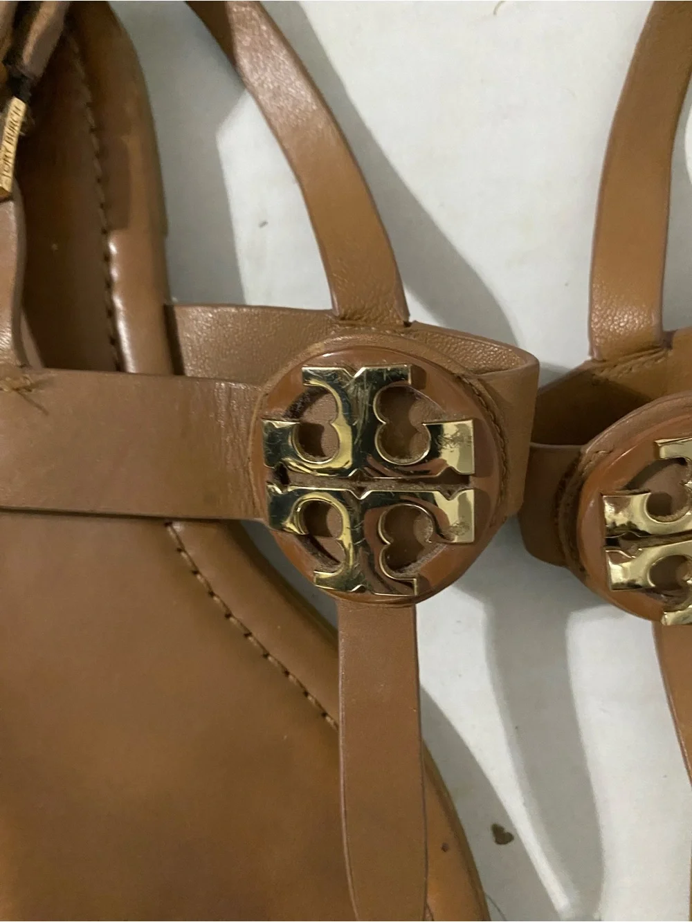 Tory Burch Cognac Leather T-Strap Sandals with Gold Medallions